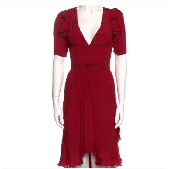 Zac Posen Womens Red Silk Ruffled Midi Dress 2 Milkmaid Feminine High Low - Picture 2 of 12